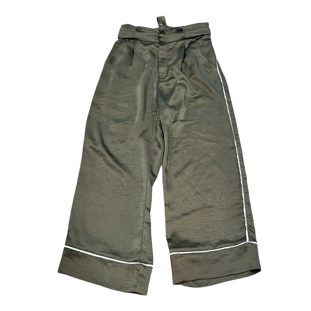 Revolve Heartloom Satin Olive Wide leg Trousers With Cream stripe down side S